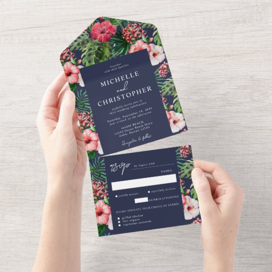 Tropisch Hibiscus Modern Wedding Navy Blue All In One Uitnodiging (Afscheurbaar)
