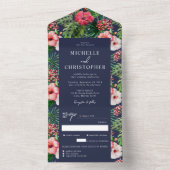 Tropisch Hibiscus Modern Wedding Navy Blue All In One Uitnodiging (Binnen)