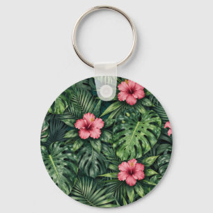 Tropisch Hibiscus Monstera Jungle Patroon Sleutelhanger