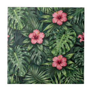Tropisch Hibiscus Monstera Jungle Patroon Tegeltje