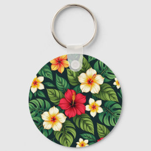 Tropisch Hibiscus Monstera Patroon Sleutelhanger