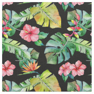 Tropisch Hibiscus Palm leest zwart patroon Stof