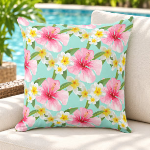 Tropisch Hibiscus Plumeria Patroon Aqua Buitenkussen