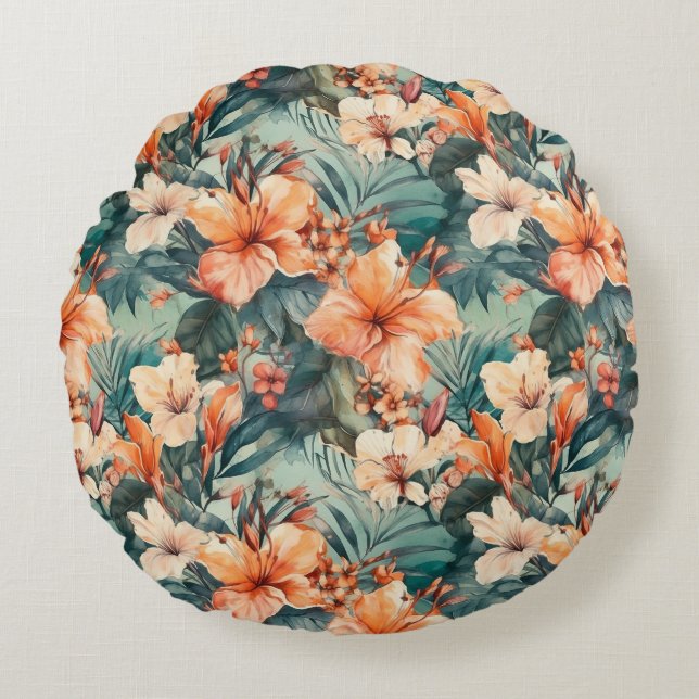 Tropisch Hibiscus rond Sierkussen Kussen (Voorkant)