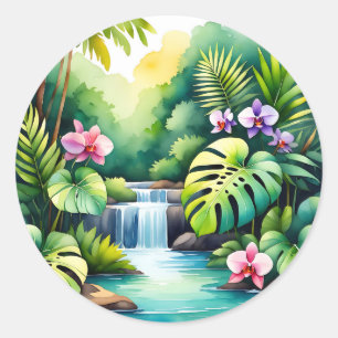 Tropisch Jungle Waterval Orchidee Paradijs  Ronde Sticker