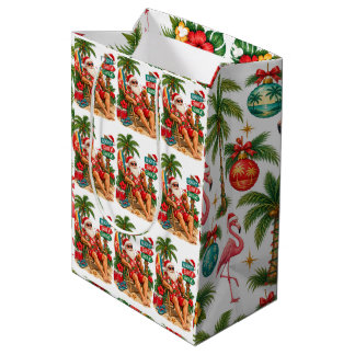 Tropisch Kerst Flamingo & Strand Santa Patroon Medium Cadeauzakje
