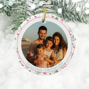 Tropisch Kerst Pink Flamingo Familie Foto Keramisch Ornament