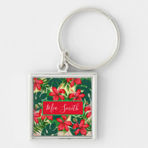 Tropisch kleurig oerwoud hibiscus rood en groen sleutelhanger