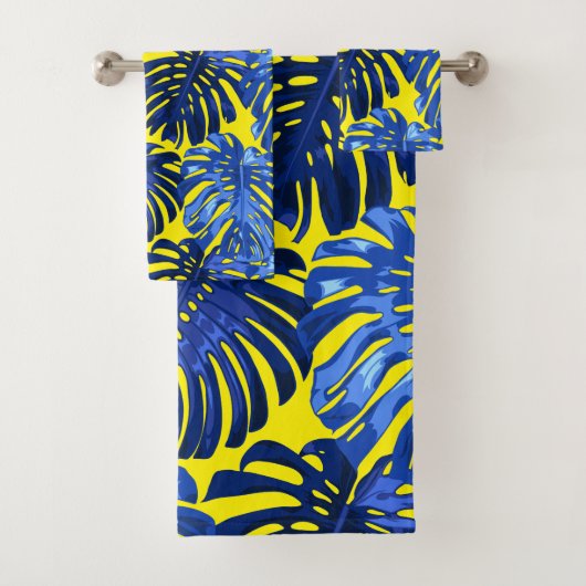 Tropisch koningsblauw geel Monstera Oerwoud blader Bad Handdoek (Insitu)