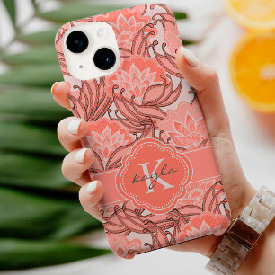 Tropisch koraal Floral Patroon met Monogram Case-Mate iPhone 14 Hoesje