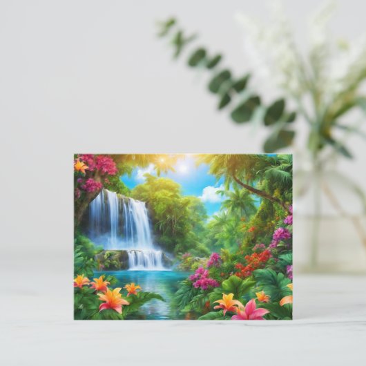 Tropisch landschap met bloemen, waterval briefkaart (Staand voorkant)