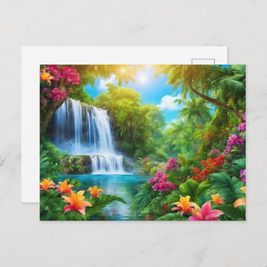 Tropisch landschap met bloemen, waterval briefkaart (Voorkant / Achterkant)