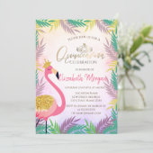 Tropisch Leaf Pink Flamingo Quinceañera Kaart (Staand voorkant)