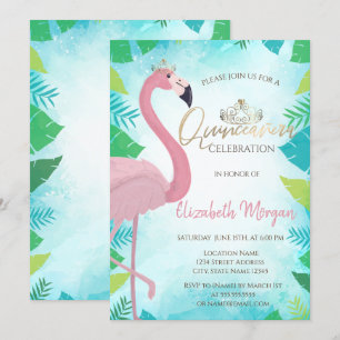 Tropisch Leaf Pink Flamingo Summer Quinceañera Kaart