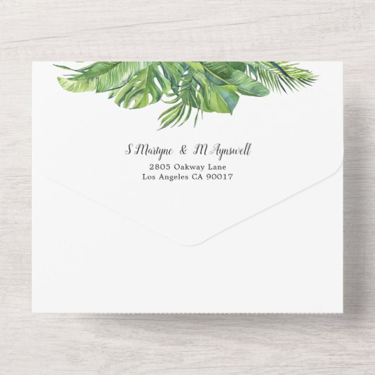 Tropisch lebpalmfeiershuwelijk all in one uitnodiging (Achterkant)