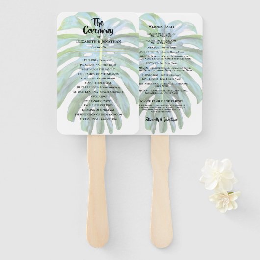 Tropisch lef Greenery Beach Wedding Handwaaier (Voorkant en achterkant)