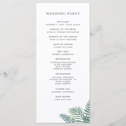 Tropisch loof bruiloft ceremonie programma (Achterkant)