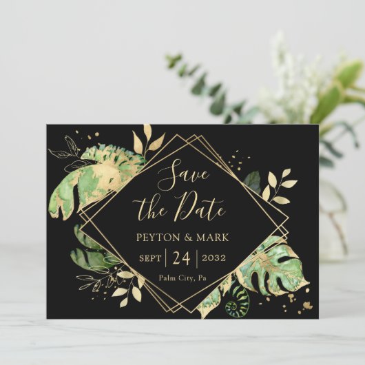 Tropisch Loofwerk Zwart & Goud Elegante Geometrisc Save The Date (Staand voorkant)