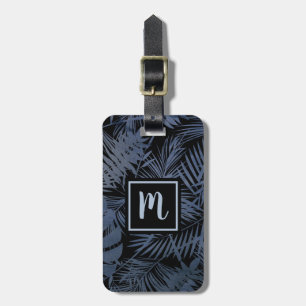 Tropisch marineblauw palmblad monogram modern vet bagagelabel
