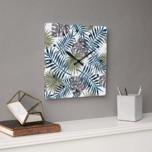 Tropisch Mauve Green Palm laat Waterverf kunst Vierkante Klok