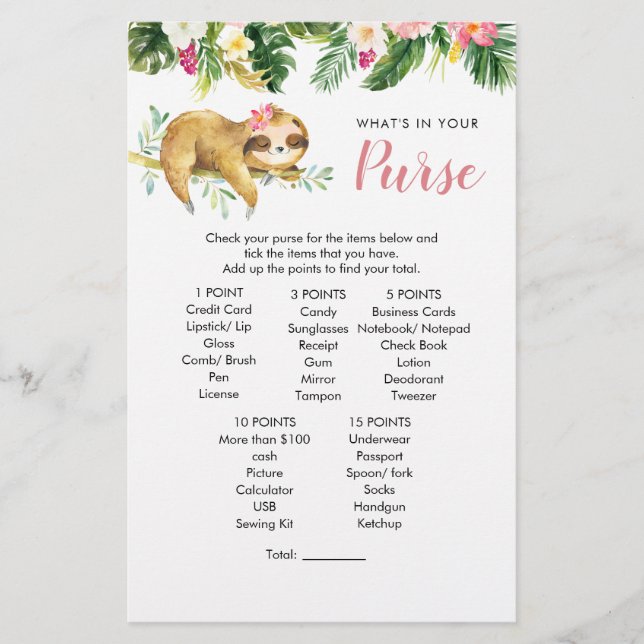 Tropisch Meisje Sloth Baby shower Purse Game (Voorkant)