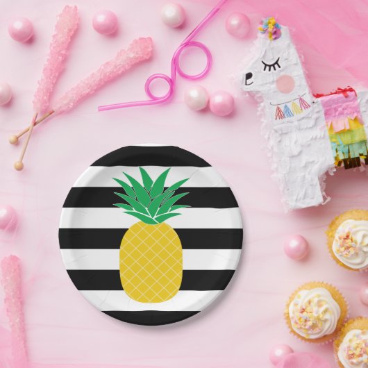 Tropisch met zwarte en witte strepe ananas papieren bordje (Feest)