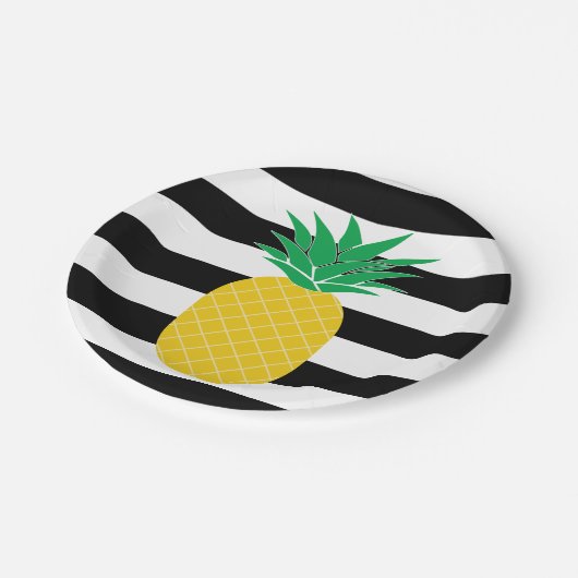 Tropisch met zwarte en witte strepe ananas papieren bordje (Gekanteld)