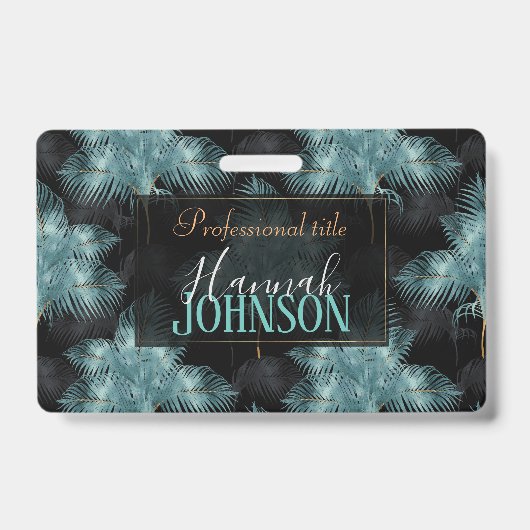 Tropisch Metaalblauw & Gouden Palmbladeren Zomer Badge (Voorzijde)