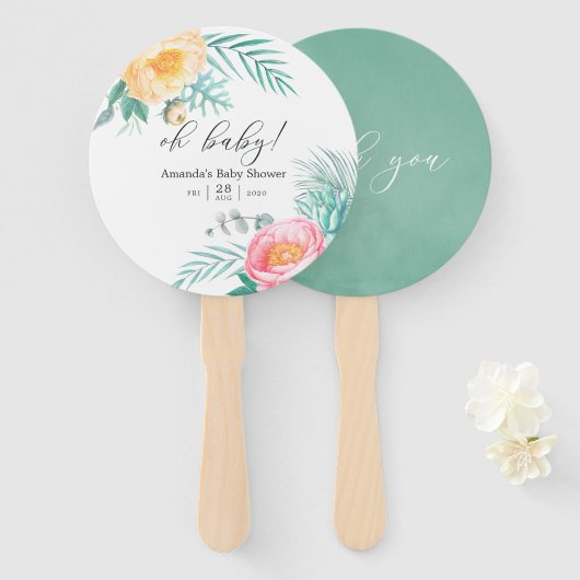Tropisch Mint Floral Baby shower Handwaaier (Voorkant en achterkant)