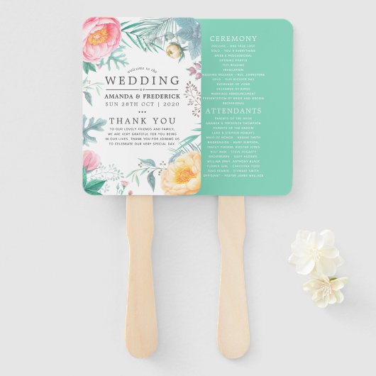 Tropisch Mint Floral Summer Wedding Handwaaier (Voorkant en achterkant)