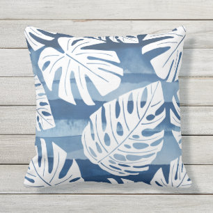 Tropisch modern blauw wit palmblad buitenkussen