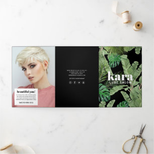 Tropisch Moderne Salon Ontwerper Zwarte Brochure Drieluik Kaart