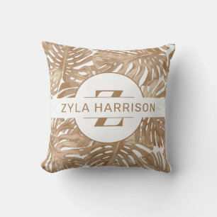 Tropisch Monogram Boho Bruin Witte Palmbladeren Kussen