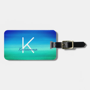Tropisch Monogram Neon Beachy Blue Green Bagagelabel
