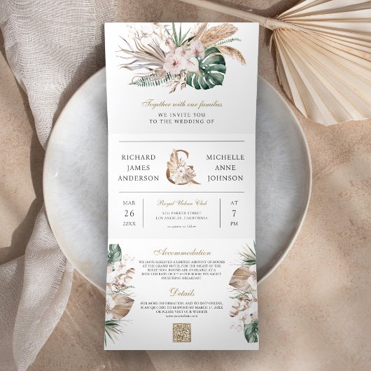 Tropisch Monstera Boho Pampas QR Code Weddenschap Drieluik Uitnodiging