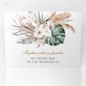 Tropisch Monstera Boho Pampas QR Code Weddenschap Drieluik Uitnodiging (Binnenzijde eerst)