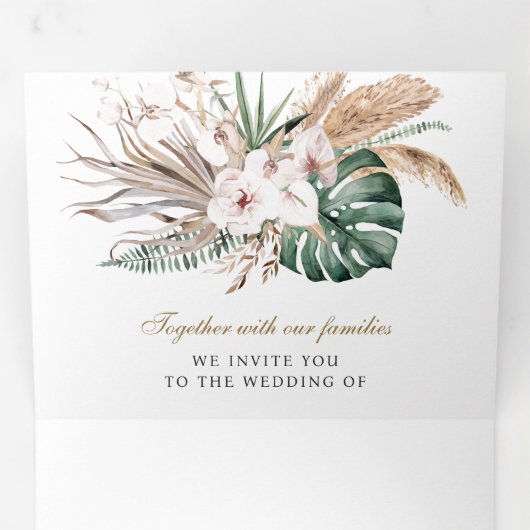 Tropisch Monstera Boho Pampas QR Code Weddenschap Drieluik Uitnodiging (Binnenzijde eerst)