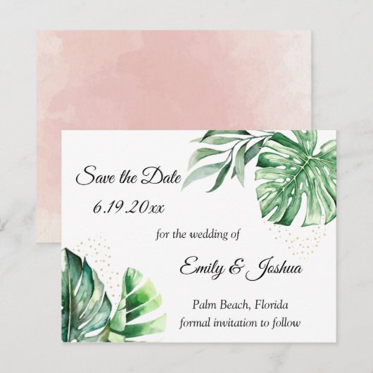 Tropisch Monstera Fantasienaam & goud | Save The Date (Voorkant / Achterkant)