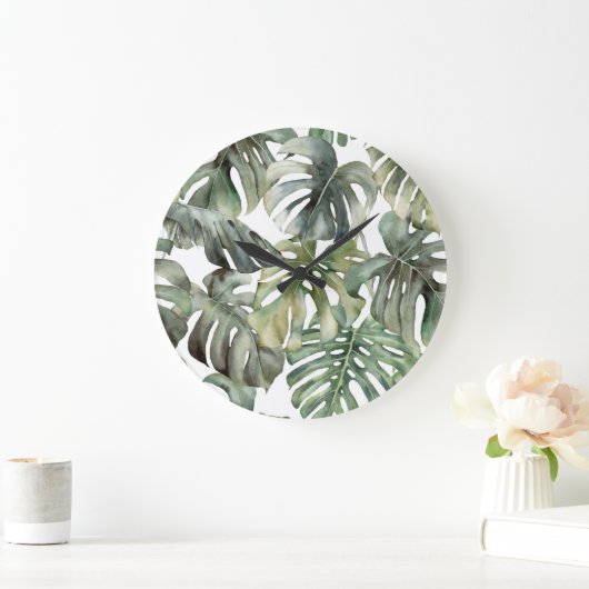 Tropisch Monstera groot Waterverf patroon Grote Klok (Huis)