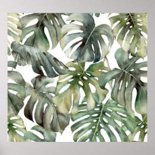 Tropisch Monstera groot Waterverf patroon Poster