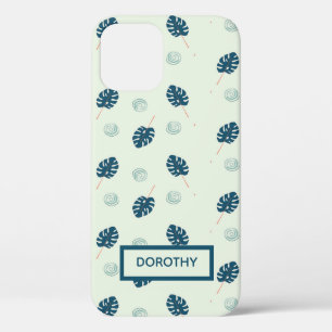 Tropisch monstera laat monogram op blauw iPhone 12 hoesje