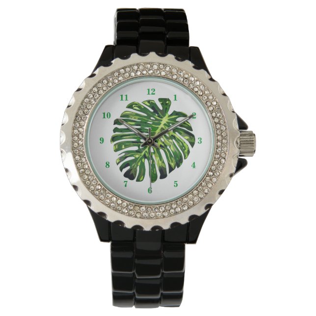 Tropisch Monstera Leaf Horloge (Voorkant)