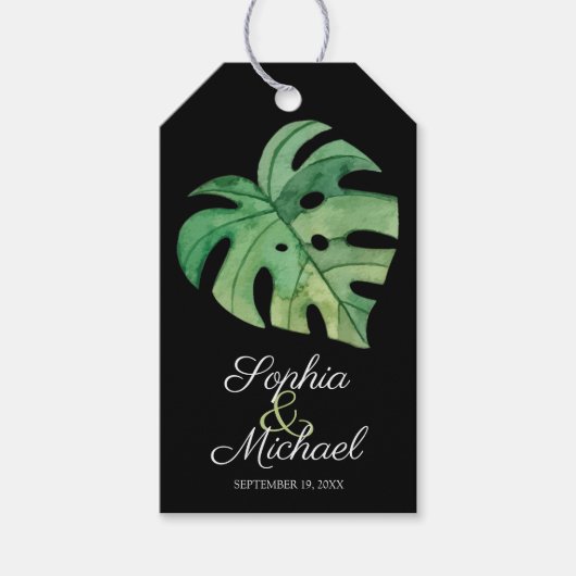 Tropisch Monstera Leaf op Black Wedding Cadeaulabel (Voorkant)