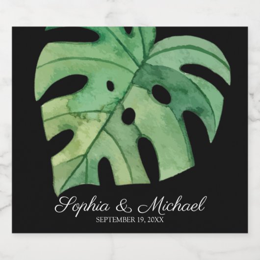 Tropisch Monstera Leaf op Black Wedding Sparkling Wijnetiket (Enkel label)