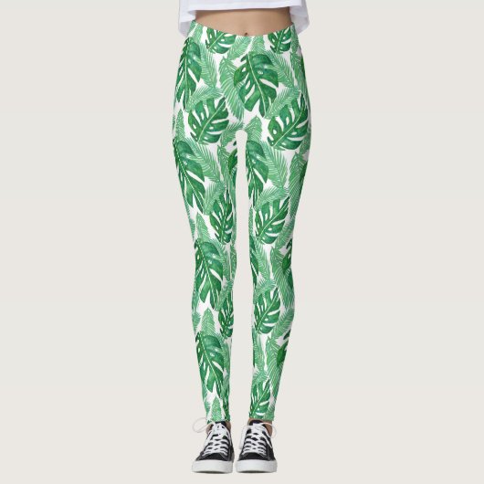 Tropisch Monstera Leaf Pattern Green and White Leggings (Voorkant)