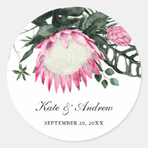 Tropisch Monstera Leaf Protea Floral Wedding Ronde Sticker