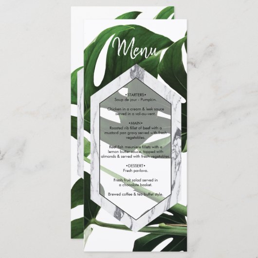 Tropisch Monstera Marble Wedding Menu (Voorkant / Achterkant)