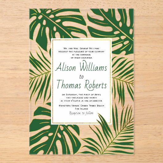 Tropisch monstera, palmbladeren groen goudhuwelijk acryl uitnodigingen (Voorkant)