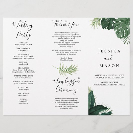 Tropisch Monstera Tri-Fold Wedding Programme Flyer (Voorkant)