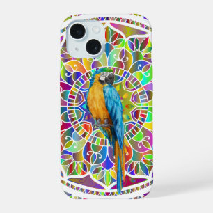 Tropisch Mozaïek – Blauwe en Gouden Ara Mandala iPhone 15 Hoesje